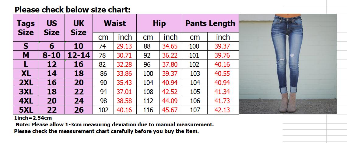 Ladies Jeans Pants Size Chart