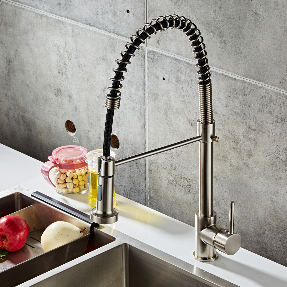Spring Brushed Industrial Kitchen Bar Sink Faucet Pull Out Sprayer