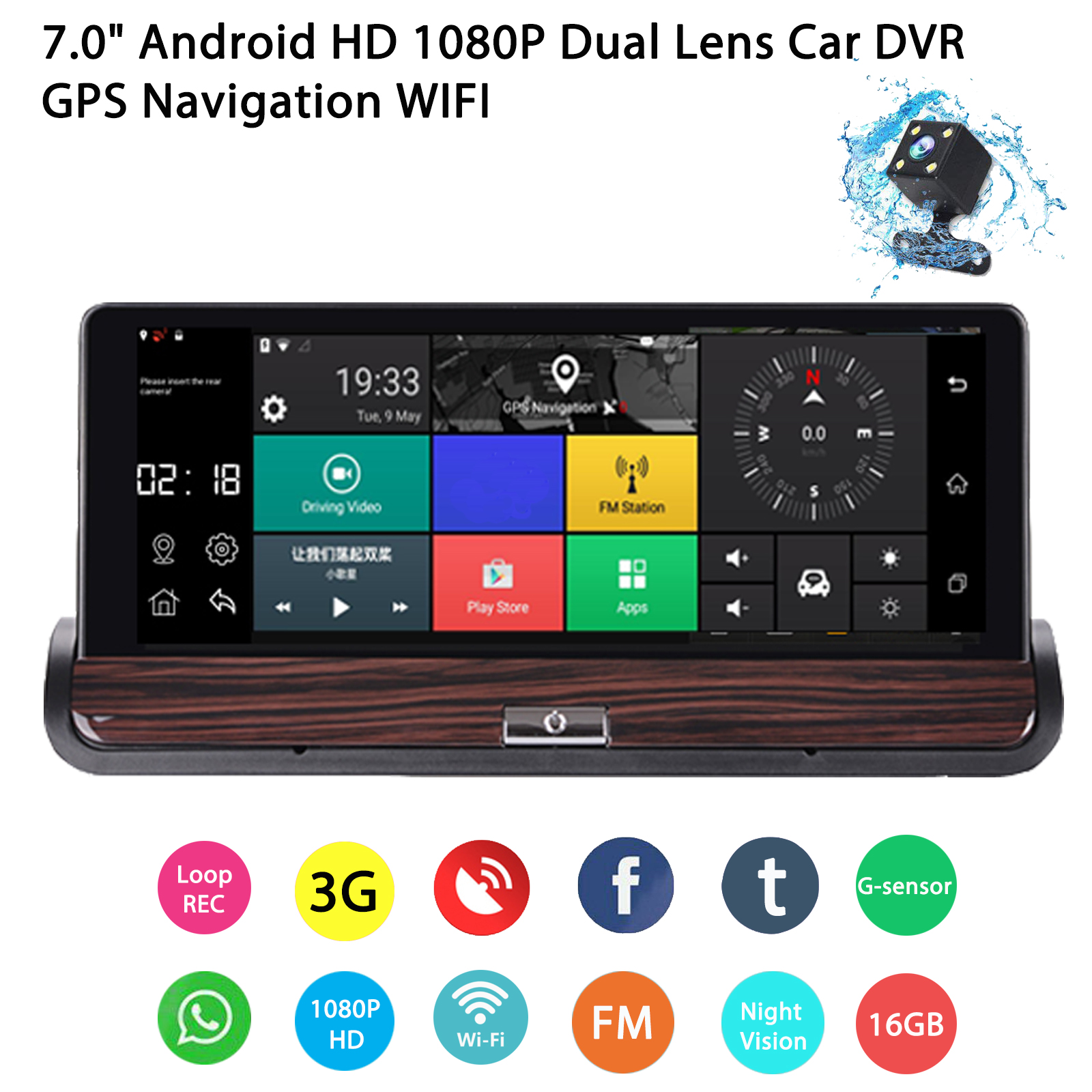 7/" Android Wifi Dual Lens Car GPS DVR Camera Video Recorder w// Rear View Camera