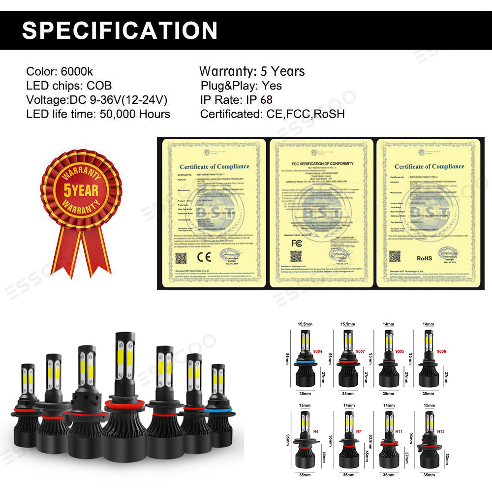 4Sides H7 H4 H11 LED Headlight Bulbs Conversion High Power 260W