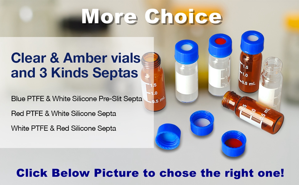 clear & amber vials and 3 kinds septas