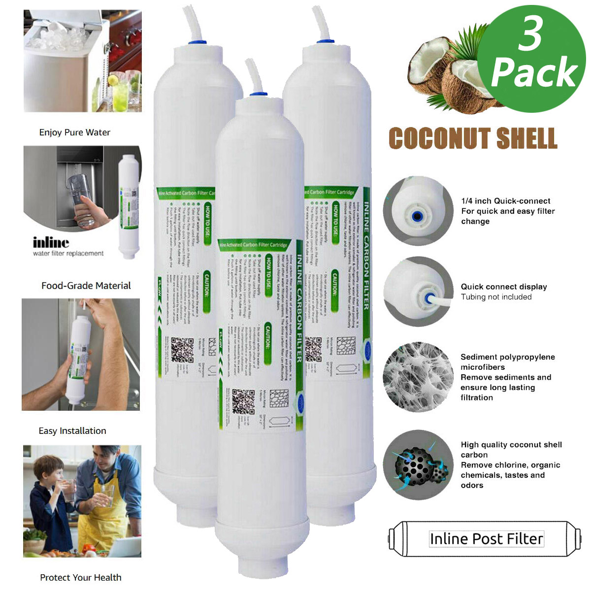 3 Pack Post Carbon Inline Water Filter Quick Connect 1/4" NPT Fridge