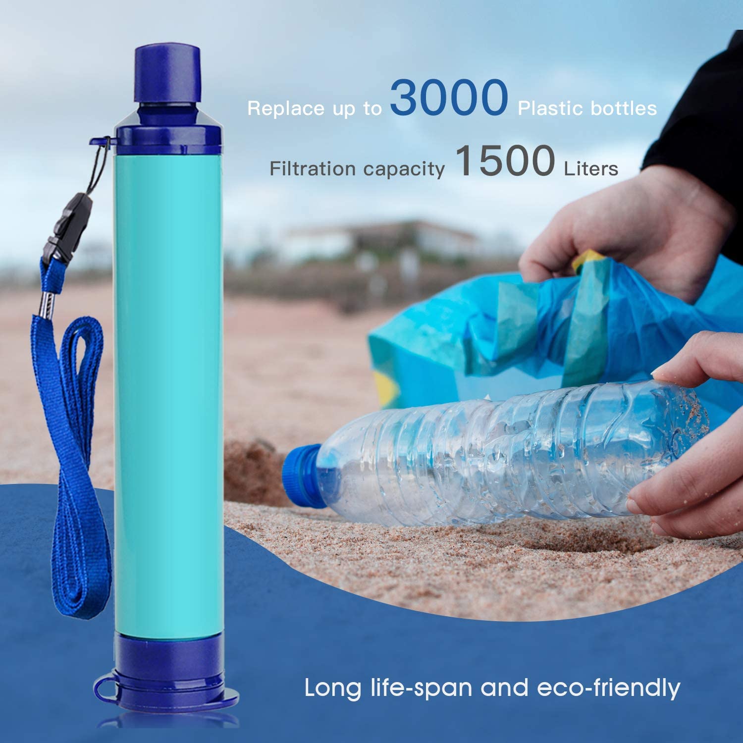 4x Water Filter Straw Outdoor Purification Emergency Blue for lake,river,stream