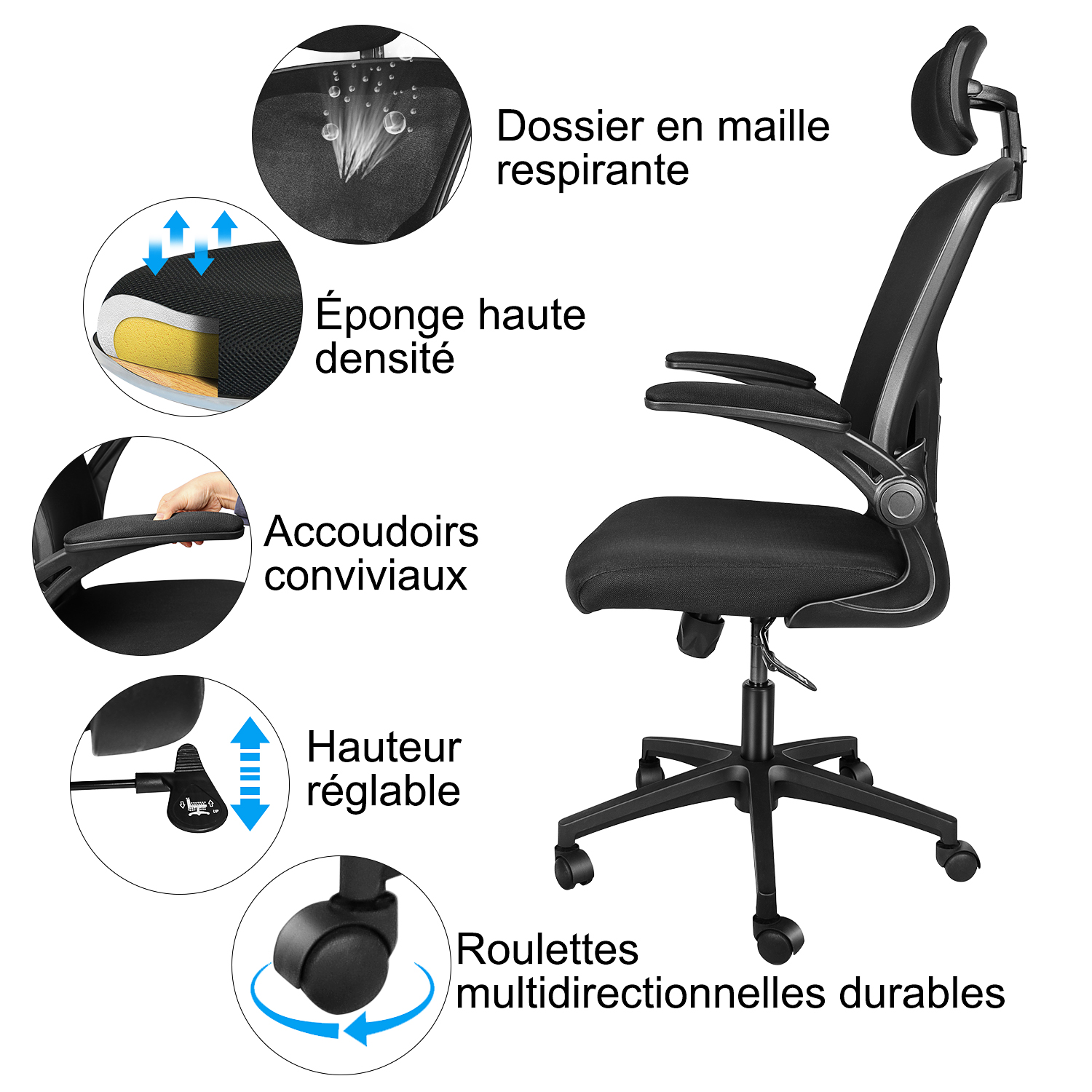 Aiidoits Chaise de Bureau Ergonomique Inclinable avec Appui-tête et Accoudoirs